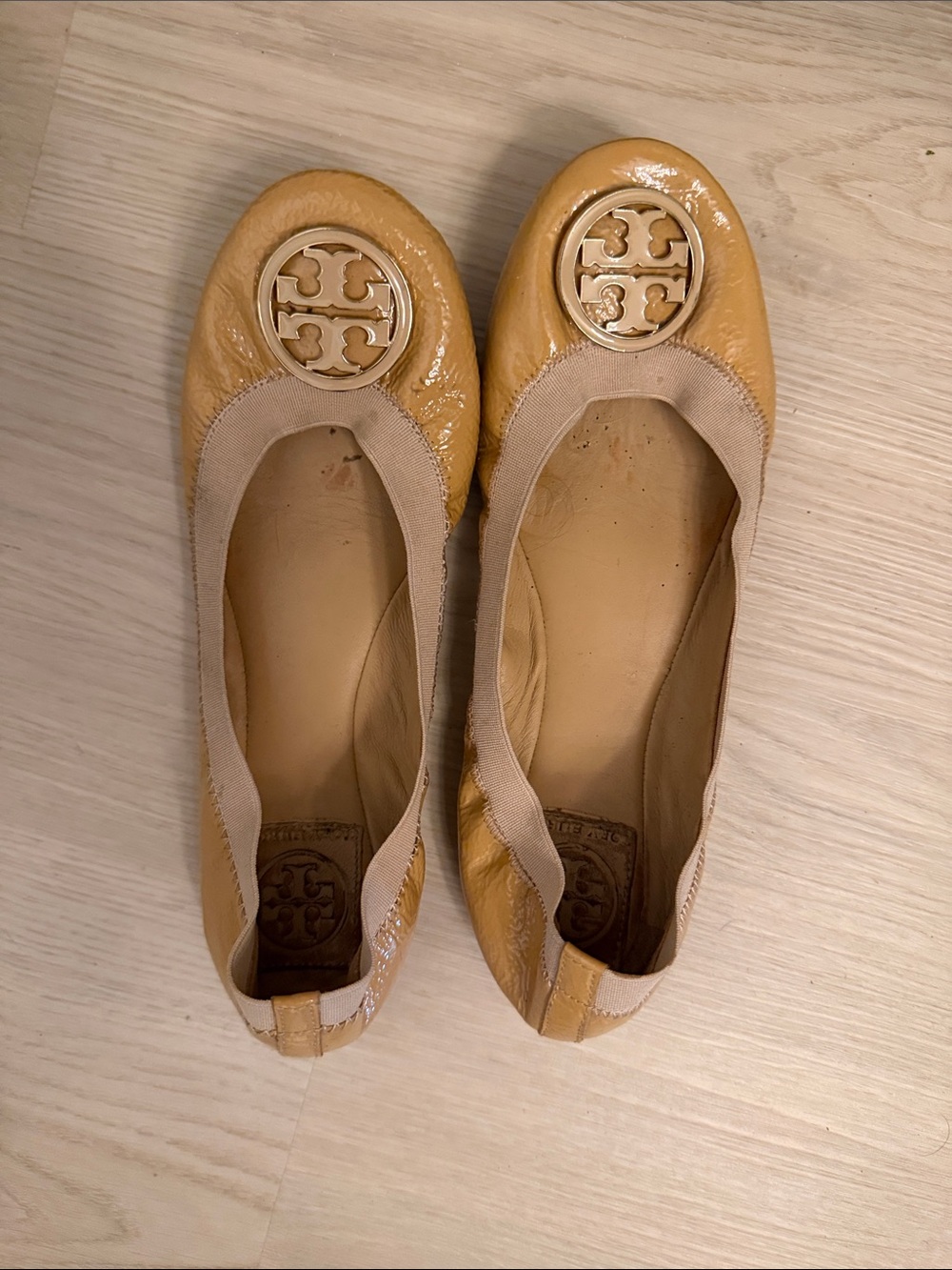 Tory Burch cream Patent Leather Flats with Gold Logo
